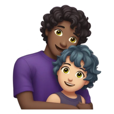black short wavy hair boy and middle part bangs, with green-gray eyes, hugging a purple-blue short shoulder-length hair, slightly chubby brown eyed girl  sticker