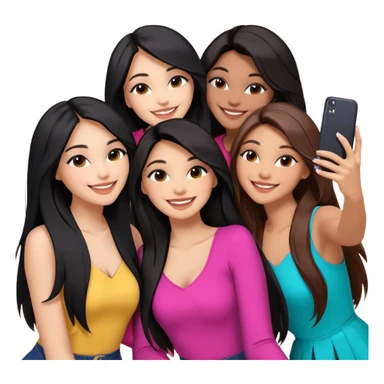 3 girl friends, one with black long hair light skin. one with brown hair long and the last girl one with black with brown medium length hair. Glammed up and hugging  and one talking a selfie and all of them smiling and looking girly all same skin tone  sticker