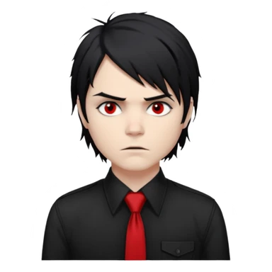 Gerard Way (Revenge Era)
Round, simplified emoji style
Pale skin tone
Jet-black, shoulder-length hair messy and emo
Heavy eyeliner and slight red shadow under the eyes
Subtle serious
Hint of red tie visible on black button up shirt.
Transparent background. Black eyeliner. Messy emo hair sticker