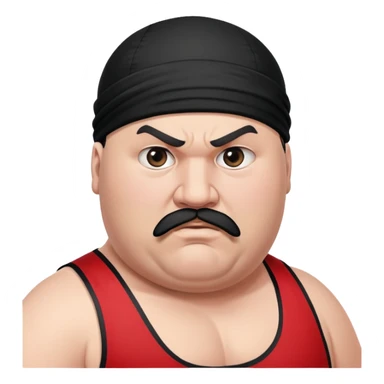 Close-up of morbidly obese white skin guy with young face, prominent BLACK DURAG tied clearly on head, distinct black beard and mustache, no muscle, black eyes in a red and black wrestling singlet with angry face sticker
