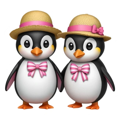 Allora fammi un emoji che rappresenta un pinguino con in testa un fiocco rosa che da la mano a un altro pinguino che in testa ha un cappello di paglia con al centro del cappello una striscia rossa sticker