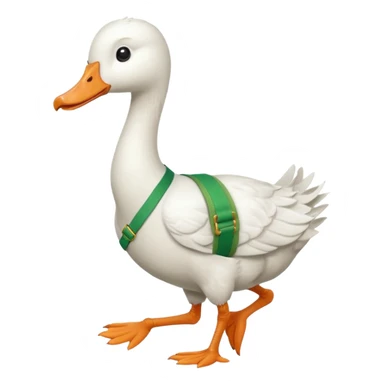 Make me an emoji of a goose that is running towards something. Also make it white. Make it have a very long neck like geese do.

Can you make the goose wear green suspenders sticker