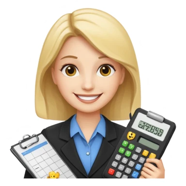 aUDITOR smiling with spreadsheet and a calculator, emoji, ADD A puzzle and a Balance for accounting sticker