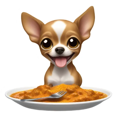 Brown Chihuahua puppy eating curry with stomach showing sticker