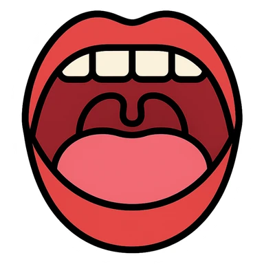 Schematic open mouth with visible tongue, symbolizing speech articulation and sound practice. Vector style, clean and sharp lines. Include realistic shadows and light reflections for depth. Minimalistic, educational design. Transparent background. High contrast between tongue, teeth, and lips for clarity. Flat illustration with soft shading, suitable for speech therapy materials sticker