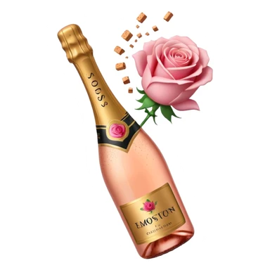 bottle of sparkling rosé champagne with a rose logo on the label, with the cork exploding out from the top, tilted up and to the left, no glass sticker