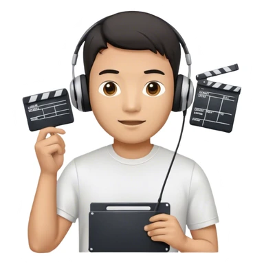asian male movie director wear headset, tsirts with movie slate sticker