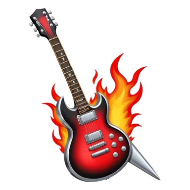 Create a bold and powerful emoji representing rock vocal performance in a humanless collage. The design should feature a vintage microphone at the center, surrounded by a heavy, aggressive hardcore electric guitar with sharp, jagged edges. Include crossed drumsticks behind the guitar, symbolizing the intense rhythm of rock music. Add fiery elements like flames or lightning bolts to enhance the raw energy of the design. Use dark, bold colors like black, red, and silver, with metallic or chrome accents to reflect the rebellious, hard-hitting nature of rock. The background should be transparent. sticker