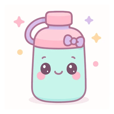 kawaii style water bottle with a happy face, blushing cheeks, and a tiny bow, pastel palette sticker