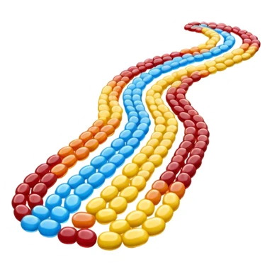 3D render of Jellybean Path, made entirely of dessert materials, glistening sugar crystal texture, pile of multi-colored glossy beans (yellow, blue, red), delicious confectionery aesthetic, Apple emoji style, isolated on white background --v 6.0. sticker