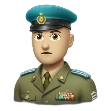 Bald white angry furious serious military man with khaki israel defense forces uniform and cyan beret sticker