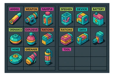 a virtual display, a gray grid with darker gray cells, each cell containing an item viewed in isometric minimalism render The cells have pastel neon colored labels in their upper corner, indicating various traits of the items. retrofuturism, circa 2880's.
The items are scientific and military in nature - varieties of munitions, scientific samples, rations, data storage, utilities. There are two arrays of grids, one left, one right. Each array has a few empty spaces at the bottom. "graphic realism." brutalism. the items are adorned in bright colors, neon-safety, early 90's pallete sticker