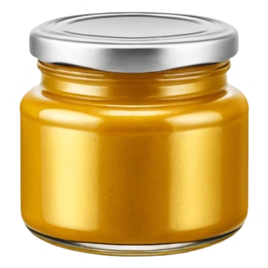 small round glass jar of yellow curry paste, vibrant golden-yellow paste visible, thick and slightly grainy, metallic or plastic lid (golden, silver, or dark), blank label optional, uneven or domed surface, 3D clean style, transparent background sticker