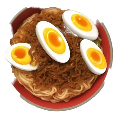 A bowling of red spice buldak noodles with two boiled egg  sticker