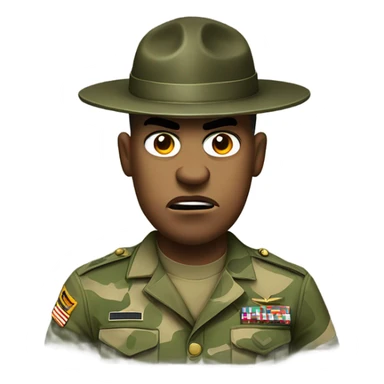 commanding drill sergeant character wearing a classic sergeant hat and a camouflage army shirt. The character should have an angry intense expression. sticker