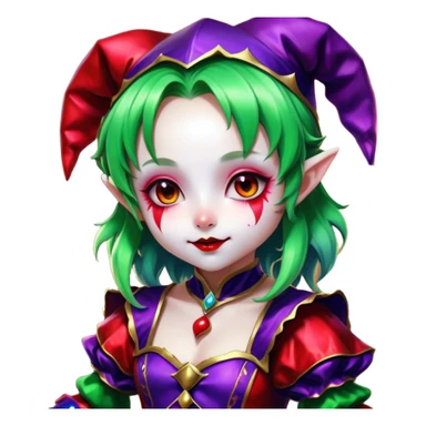 Cinematic chibi style girl in dressed like a Jester, Ultra realistic 32k HD, Breathtaking piece of art, rim lighting, hauntingly beautiful art, vibrant colors, Balanced features, highly detailed digital artwork, glowing with silver light, glowing, high shine, deviant adoptable, highly detailed clothing, remembrance, a painting of white silver, fanciful, enchanting, ghostly, embodying the essence of both reality and fantasy, dreamy, dreamy glow, optical illusion, immaculate composition, complex pose, air composition. The image is so lifelike that it feels as though it could leap off the canvas at any moment sticker