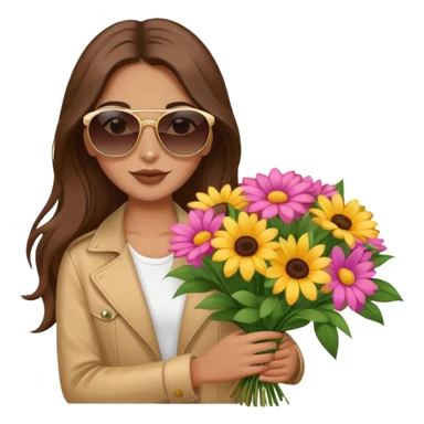 cool girl with long brown hair holding a bouquet of flowers, sunglasses, trendy sticker