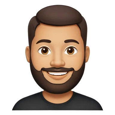 Heavier-set producer with light brown skin, pear-shaped face, full cheeks, big cheerful smile, warm inviting eyes, thick eyebrows, wide nose, short well-groomed beard, very short dark hair, wearing a black shirt sticker