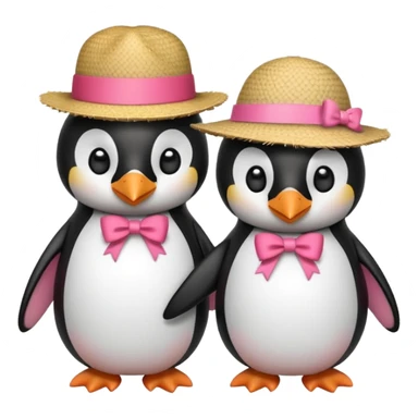 Allora fammi un emoji che rappresenta un pinguino con in testa un fiocco rosa che da la mano a un altro pinguino che in testa ha un cappello di paglia con al centro del cappello una striscia rossa sticker