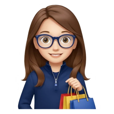 A little girl (he usually calls her baby), who is obsessed with shopping and luxury brands and holds a dozen of bags, she wears navy blue half zip sweater and holds 10 bags and she has long brown hair with Prada eyeglasses. The previous one but with eyeglasses  sticker
