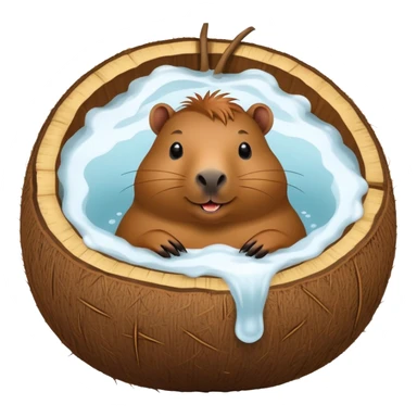 Happy capybara relaxing inside a halved coconut like a bathtub sticker