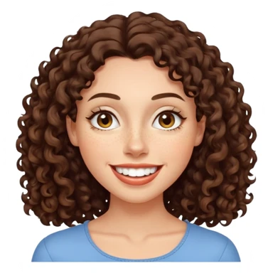 realistic emoji of a woman with shoulder-length dark curly hair, expressive almond eyes, freckles, full lips in a broad smile showing teeth, smooth glowing skin, calm friendly happy look sticker