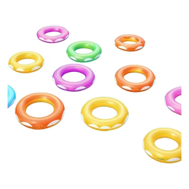 swimming pool surface with multiple inflatable pool floats floating on water, extra colorful float rings scattered across the pool, glossy water reflections, summer vibe, 3D cartoon style, mobile game icon style, clean composition, no people, no text, no watermark

 sticker