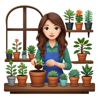 
Close-up of a woman with long, wavy brown hair planting a seedling in a pot. Surrounding her are plants and succulents with vibrant leaves and flowers. Sunlight filters through the window, casting soft shadows. A cozy interior space with gardening tools on a wooden table. sticker