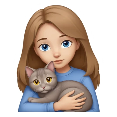 A girl with light brown hair and blue eyes hugs a gray lop-eared cat with yellow eyes sticker
