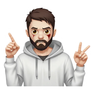 zombie pointing finger, undercut hairstyle with dark brown hair, short full beard, wearing plain white hoodie sticker