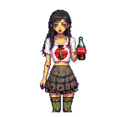 Generate an Asian girl, dark-haired, she's a zombie, wearing a skirt with lace, slightly torn,

Holding a bottle of Coca-Cola in her hands.

Background - a dark street in the style of Gotham City. sticker