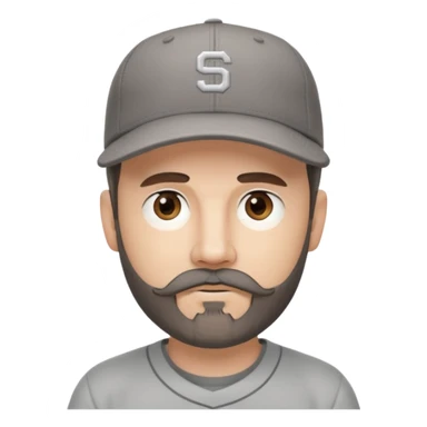 white male with dark brown goatee beard and moustache with grey tones wearing a grey baseball cap back to front with hazel eyes sticker