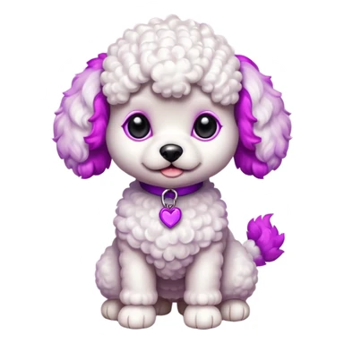 Two white toy poodle–style dogs, fluffy curly fur, round faces, black button eyes, pink and purple dyed ears and paws (magenta/violet tips). One standing upright, one sitting. Cute, plush, emoji style. sticker