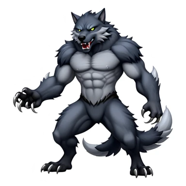 cinematic-noble-fierce-werewolf-full-body-emoji, poised-and-imposing, with a tall, lean, and muscular wolfish frame inspired by the brutal, imposing shape of the beast from Berserk, fur rippling in shades of midnight black and silver, massive paws with razor-sharp claws, elongated limbs and fangs, eyes glowing with an intense, primal ferocity, reflecting the untamed power of the wild moonlit night; rendered with realism sticker