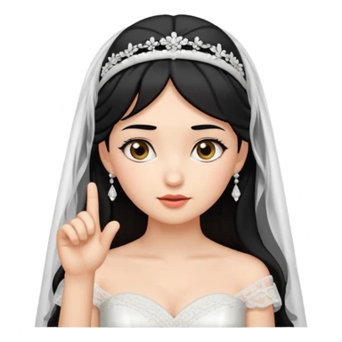 Black-haired bride in a white wedding dress and veil, curious expression, pointing to her head with her index finger, cute emoji style. sticker