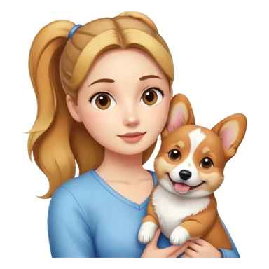 A girl with a ponytail holding a corgi sticker