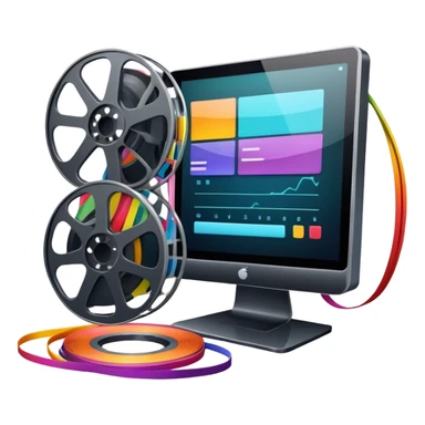 Create a vibrant and modern icon representing Animation and Motion Design, featuring elements like a film reel, a computer screen, dynamic motion lines, and a cinematographic film strip on an editing table. The design should be colorful, and dynamic, without any emojis. The background's transparent. sticker