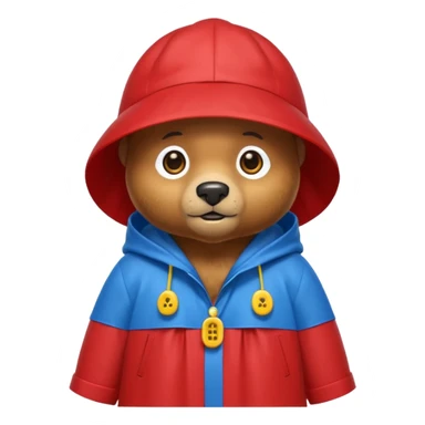 A bear in a red rain hat and a blue raincoat with yellow buttons down the middle sticker