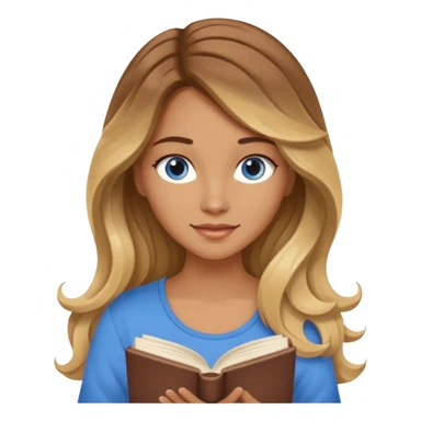 pretty female with long wavy brown hair with blonde highlights and blue eyes  in a relaxed position reading the book 'Rebecca' sticker