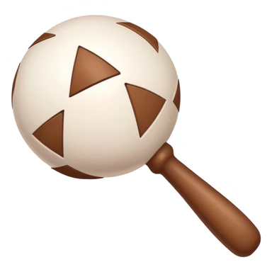 White rattle with triangles drawn on it in brown but filled in white sticker