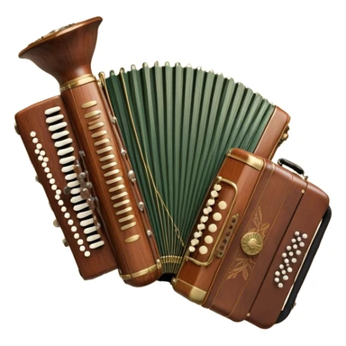 Create a colorful and cultural humanless emoji representing folk singing. The design should feature a collage of traditional folk instruments, such as a wooden flute (dudka), a button accordion (harmon), a set of gusli, and a tambourine (buben), all arranged in a harmonious, flowing design around a vintage microphone. The instruments should have earthy, natural tones like wood browns, brass accents, and vibrant colors reflecting their folk origins. Add subtle musical notes to tie the elements together, symbolizing the power of folk music. The background should be transparent. sticker