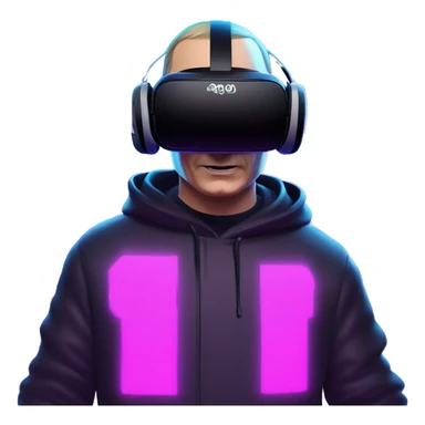 Vladimir Putin wearing a black hoodie with "OMG" letters on it and VR headset oculus quest 2 in a cyberpunk VR environment with violet neon lighting. sticker