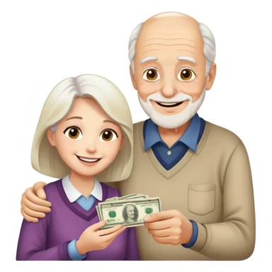 Kind elderly grandfather giving money to young adult woman who needs financial help, supportive family moment sticker