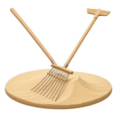 Minimalist emoji of a traditional Japanese zen garden rake (kumade) thin and balanced lines, natural light wood texture, soft sand-beige and warm neutral tones, flat vector style with subtle depth, centered composition, transparent background sticker