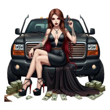 Lilith symbol red eye seductress evil long brown haired sexy succubus woman with leather long dress with slit, sitting in Big Large F350 pickup truck. Black Platform high heels on feet. Tattoo sleeve arms, seat full of stacks of cash, and a man dead human skull of her enemies and a gun in other hand sticker