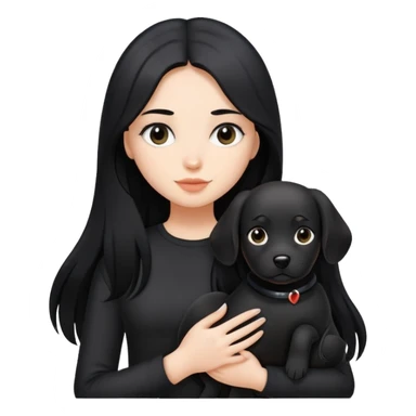 A girl with long black hair wearing black clothes holding a black dog in one hand sticker