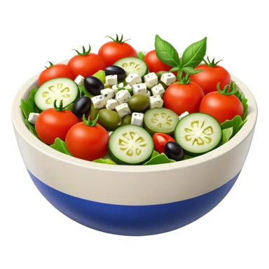 mediterranean salad bowl object icon, tomatoes, cucumbers, olives, feta cheese, olive oil dressing, 3D cartoon, mobile game icon style, clean background, no text, no watermark
 sticker