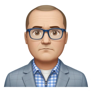 50-year-old heavyset man with very wide face and prominent square jawline. Short straight hair combed to the side, not balding. Large dark square glasses. Serious-relaxed expression. Light gray jacket that fits his larger frame, white shirt with blue checkered pattern. sticker