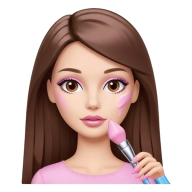 Barbie girl a brown long Straight hair and brown eyes is In pale pink smears by hand cosmetic cream Dior on her face sticker