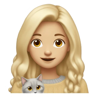 Girl with colored blonde long hair wearing a beige sweater. She is wearing gold big earings. In her arms there is a grey ragdoll cat smiling.  sticker